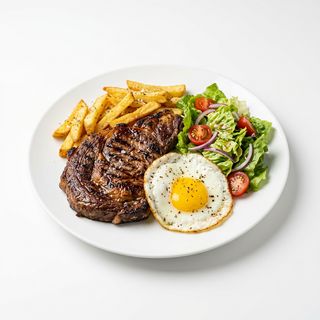 Filete español a la parrilla con patatas fritas, hovve frito y ensalada.