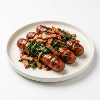 Wurstel, salsa bbq, bacon e friarielli