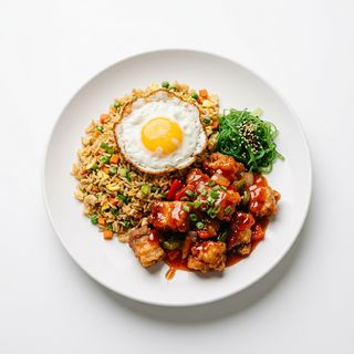 Arroz frito, cerdo agridulce, huevo, ensalada algas