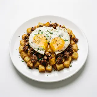 Huevos estrellados con butifarra esparracada del perol y patatas bravas 