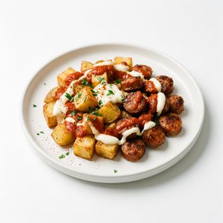 Salchichas Fritas Con Patatas Bravas Y Alioli