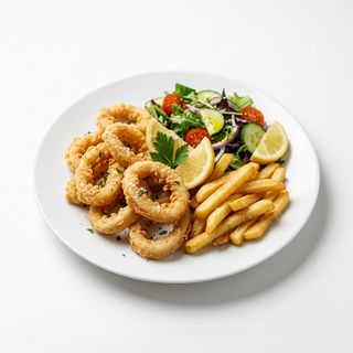 Calamares A La Romana Con Patatas Y Ensalada