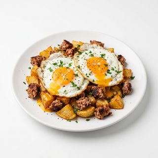 Huevos estrellados con butifarra de payes esparracada