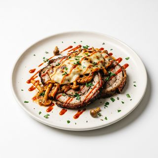 Porchetta, funghi chiodini con pomodoro, salsa harissa, provola