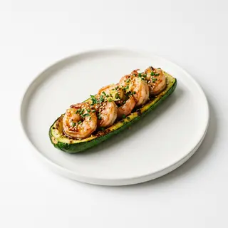 Cazuela de calabacín rellena de langostinos al sake