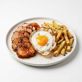 Lomo Adobado con patatas fritas y huevos