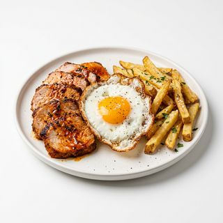 Lomo Adobado con patatas fritas y huevos