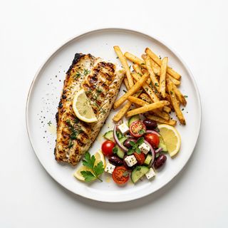 Merluza A La Plancha Con Patatas Fritas Y Ensalada
