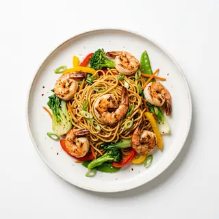Tallarines Fritos, Verdura y Langostino