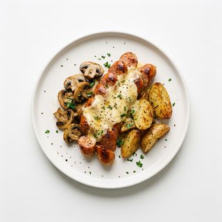 Wurstel, quattro formaggi, funghi champignon e patate al forno