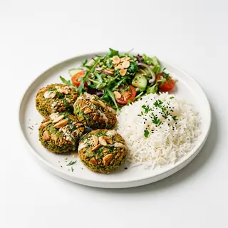 Falafel De Espinacas Con Almendras Y Arroz Con Ensalada