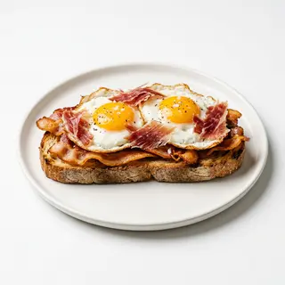 Torrada De Bacon Con Huevos Fritos Y Virutas De Jamón