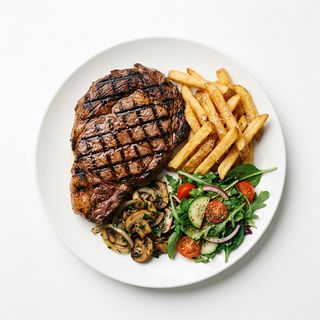 Chuleton con patata fritas y Champinones y ensalada