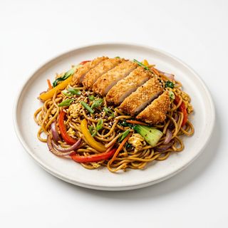 28P.tallarines con pechugas de pollo frito