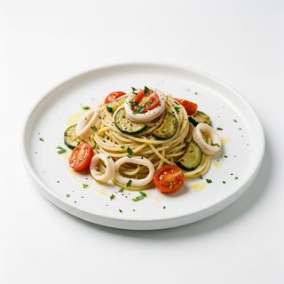 Spaghetti con calamari, zucchine e pomodoro pachino