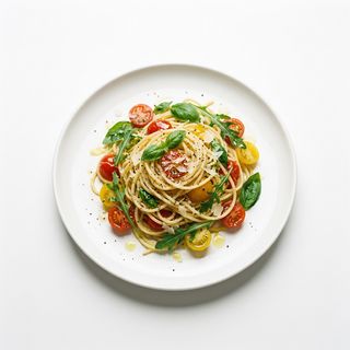 Pasta con tomates cherry y albahaca