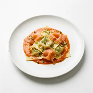 Fazzoletti rellenos de queso y pera con salmón ahumado