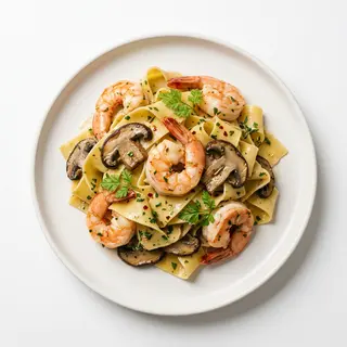 Pappardelle gambero rosso y boletus.