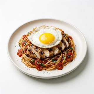 Pasta con tomate, pechuga a la plancha y huevo