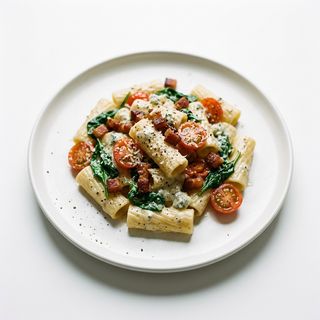 Rigatoni panceta y spinaci