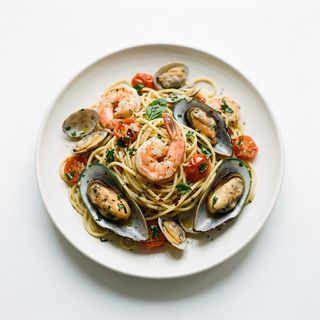 Spaghetti di grano con verdure e frutti di mare