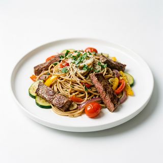 Spaghetti di grano con verdure e manzo