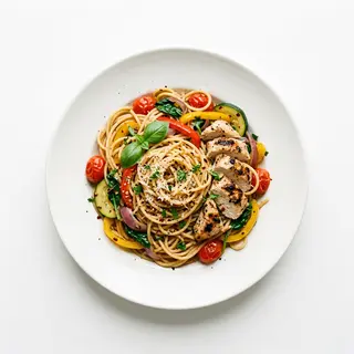 Spaghetti di grano con verdure e pollo