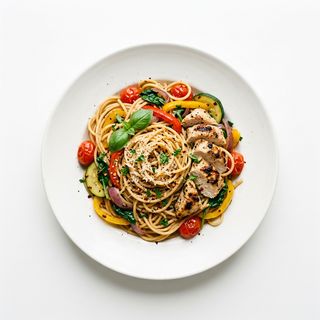 Spaghetti di grano con verdure e pollo