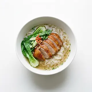 Spaghetti di riso brodo con anatra e verdure