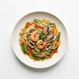 Spaghetti di riso con verdure e frutti di mare