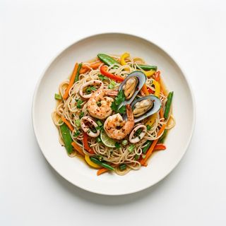 Spaghetti di riso con verdure e frutti di mare