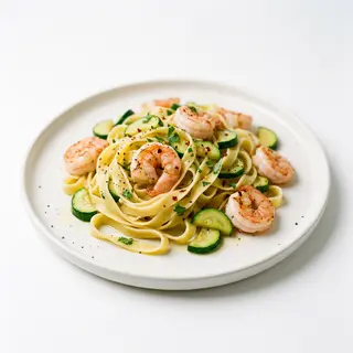 Tagliatella con calabacín y gambas