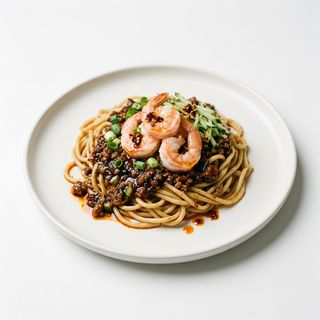 11.Spaghetti con carne tritata gamberi e salsa piccante 炸酱面