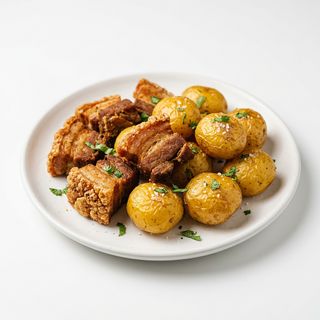 Chicharrón con papa criolla