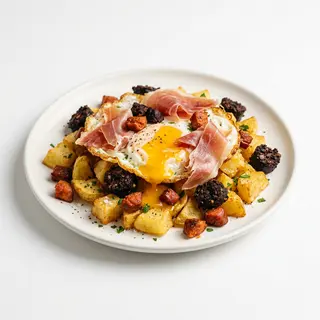 Huevos Rotos De Jamón Con Morcilla Y Chorizo (Ración)