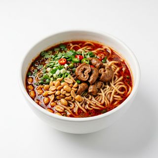 48.Spaghetti brodo piccante intestino maiale e arachidi fritti 麻辣肥肠面