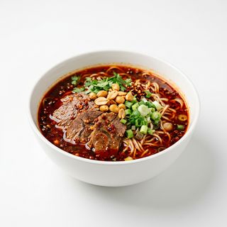 45.Spaghetti in brodo piccante con manzo e arachidi fritti 麻辣牛肉面