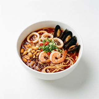 47.Spaghetti in brodo piccante frutti di mare e arachidi fritti麻辣海鲜面