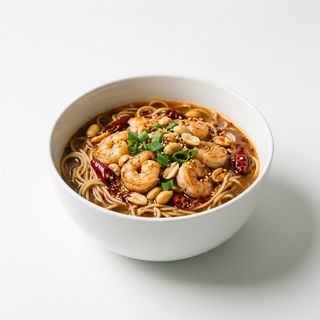 55.Spaghetti in brodo con gamberetti alla gongbao piccante 宫保虾仁面
