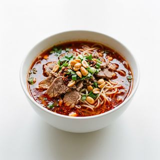 53.Spaghetti in brodo piccante con agnello e arachidi fritti 肥羊辣面