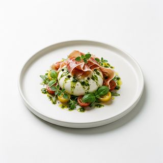 Ensalada De Burrata, Jamón Y Salsa De Albahaca