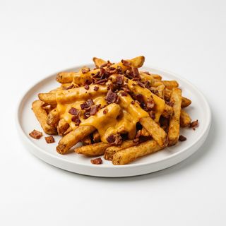 Patatine a bastoncino con cheddar fuso e pancetta
