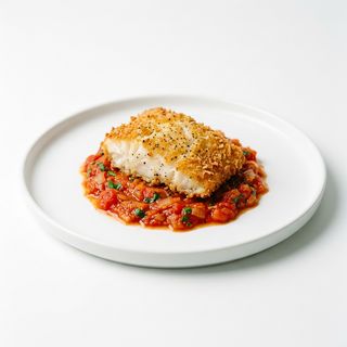 Crujiente de bacalao sobre cama de chutney de tomate
