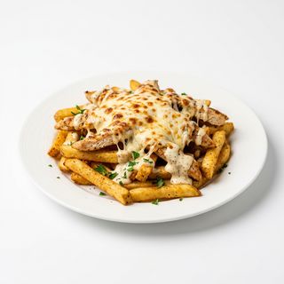 Bowl Patatas Fritas Con pollo marinado y queso Gratinado