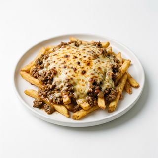 Bowl de patatas Fritas Con Carne Picada Y Queso Gratinado