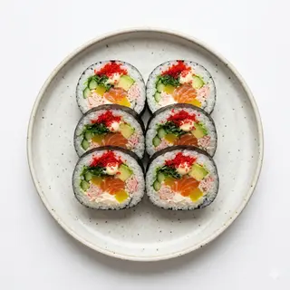 43. Futomaki Salmón Con Aguacate Con Cebolla Frita Mayonesa Y Sésamo