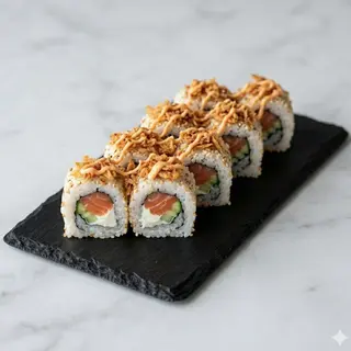 A21. Uramaki Salmón Con Cebolla Frita (8 Uds.)