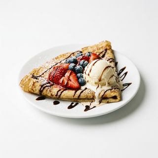 Crepe com Fruta Variada, Gelado, Açúcar em Pó e Topping