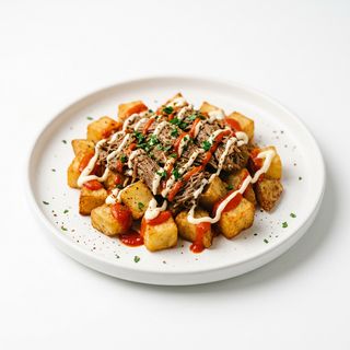 Tapa De Patatas Bravas Con Carne Mechada