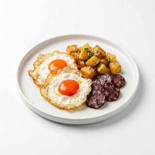 Huevos Camperos Larraz con sus Patatas y Salchicha Trufada Maskarada